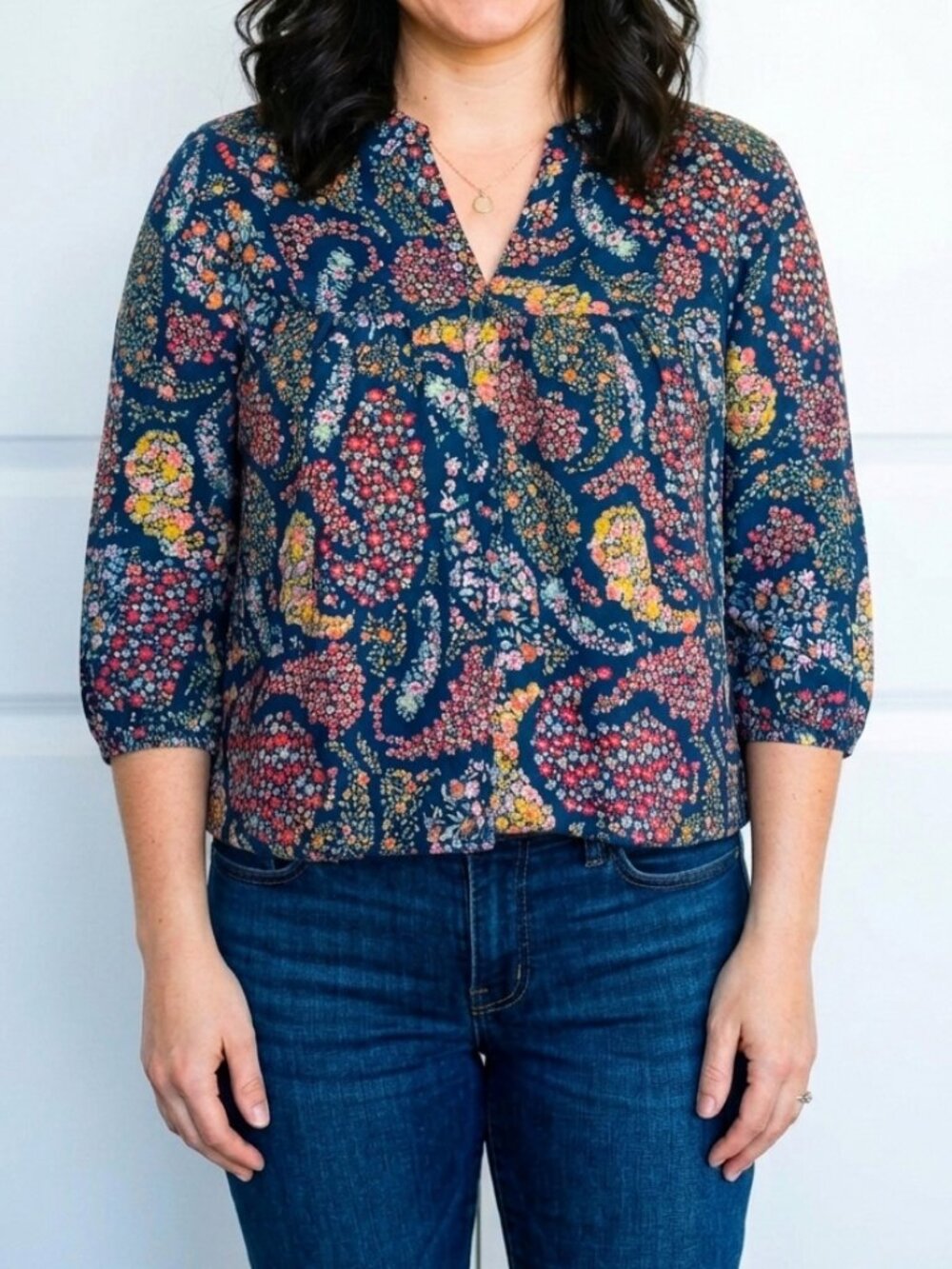H&M Bohemian Paisley Navy Floral V-Neck Buttoned Blouse Size 2 EUC